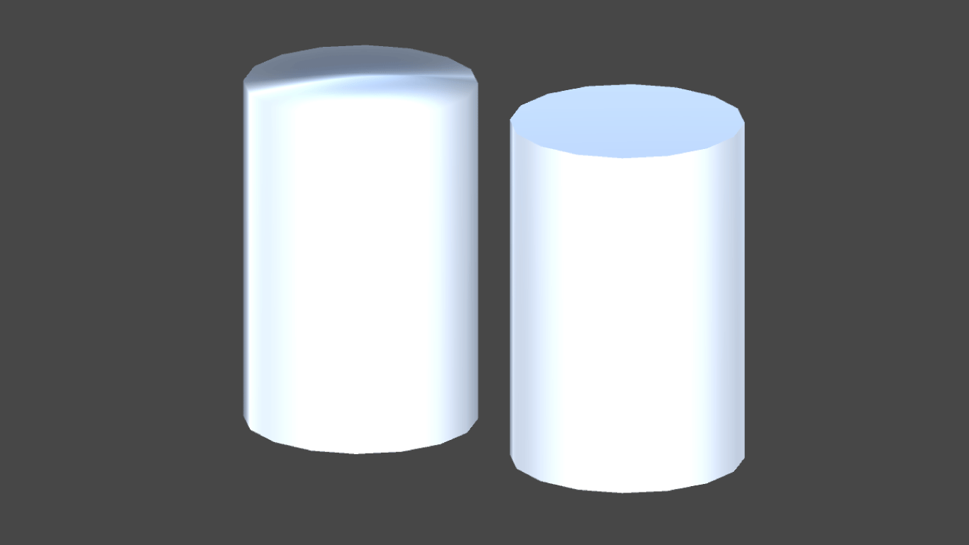 Cylinderの側面と蓋の頂点を共有した場合（左:BadCylinder.cs）と、サンプルプログラムのように別の頂点を用意した場合（右:Cylinder.cs）　左はライティングが不自然になっている