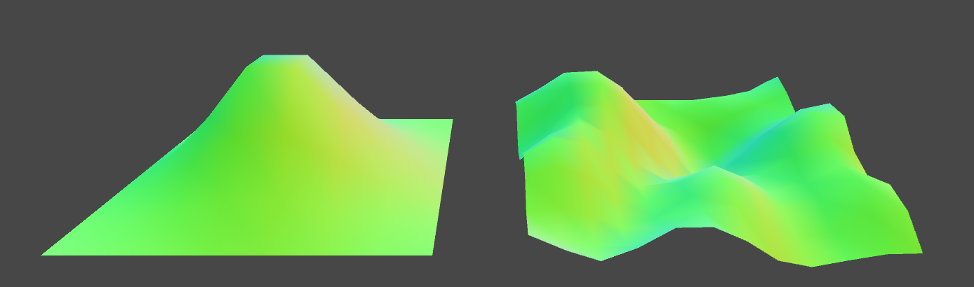 ParametricPlane.scene　左がMountainPlaneクラス、右がTerrainPlaneクラスによって生成されたモデル