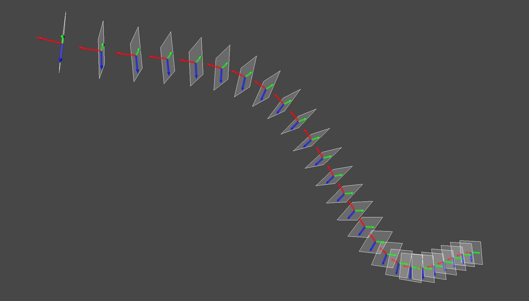 Tubularを構成するFrenet frame配列の可視化　枠が1つのFrenet frameを表し、3つの矢印は接線（tangent）ベクトル、法線（normal）ベクトル、従法線（binormal）ベクトルを示している